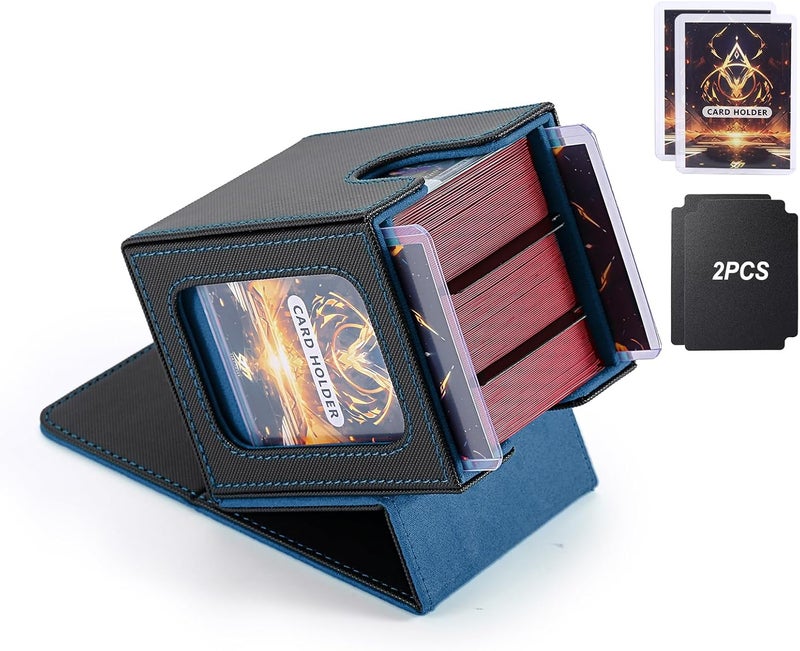 Stepane MTG Deck Box, Double Display Window MTG, Commander Deck Box Fits 120+ Single Sleeved Cards, PU Leather Magnetic Closure Card Box with 2 Dividers&2 Toploaders for TCG, CCG, Black/Blue - Image 1